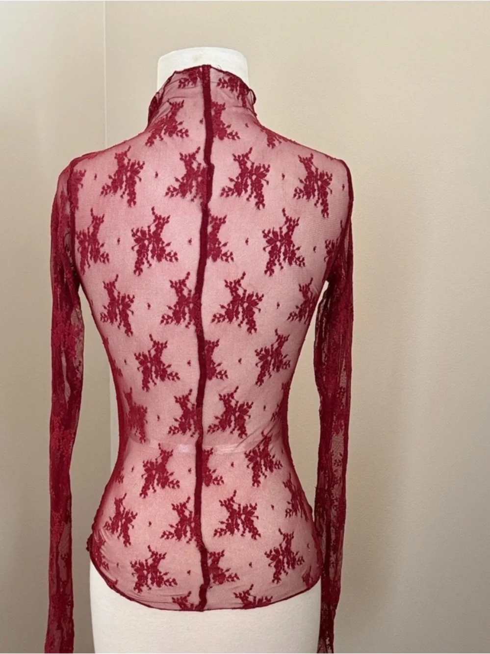 INTIMATE FREE PEOPLE Burgundy Floral Mesh Mock Neck Layering Top, Size Smal